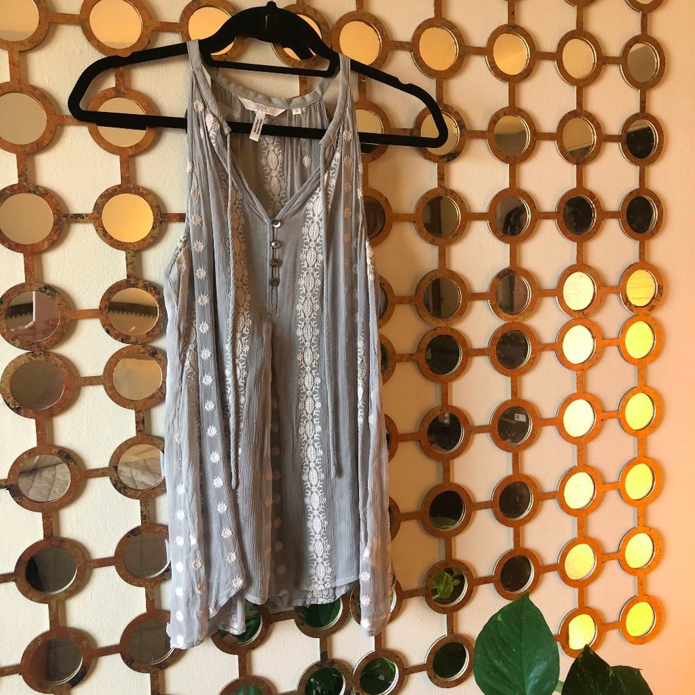 Zoa New York Sheer Gray Tank with White Embroidery
